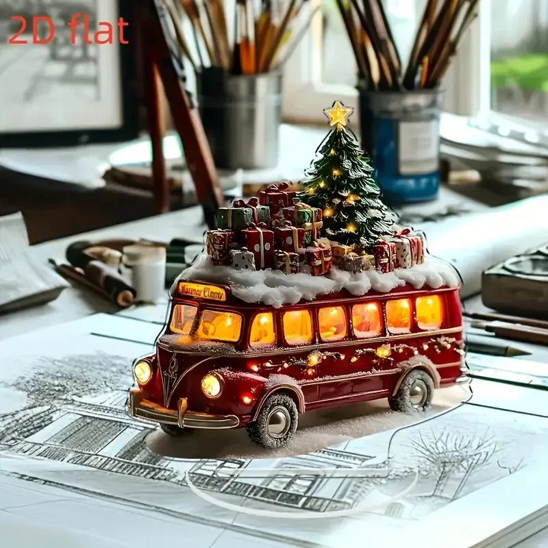 Christmas Reindeer Sleigh Santa Figurine 2D Acrylic Christmas Santa Claus on Sleigh with Reindeers Decorations Holiday Santa