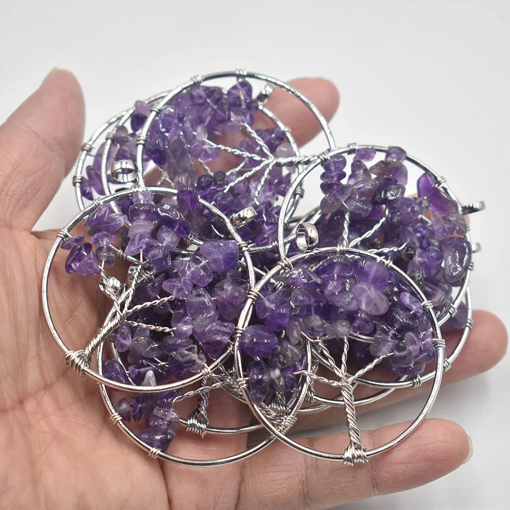 

Wholesale 12pcs/lot natural stone amethystsTree of life handmade wire color wire wrapped Pendants 50mm for jewelry marking free