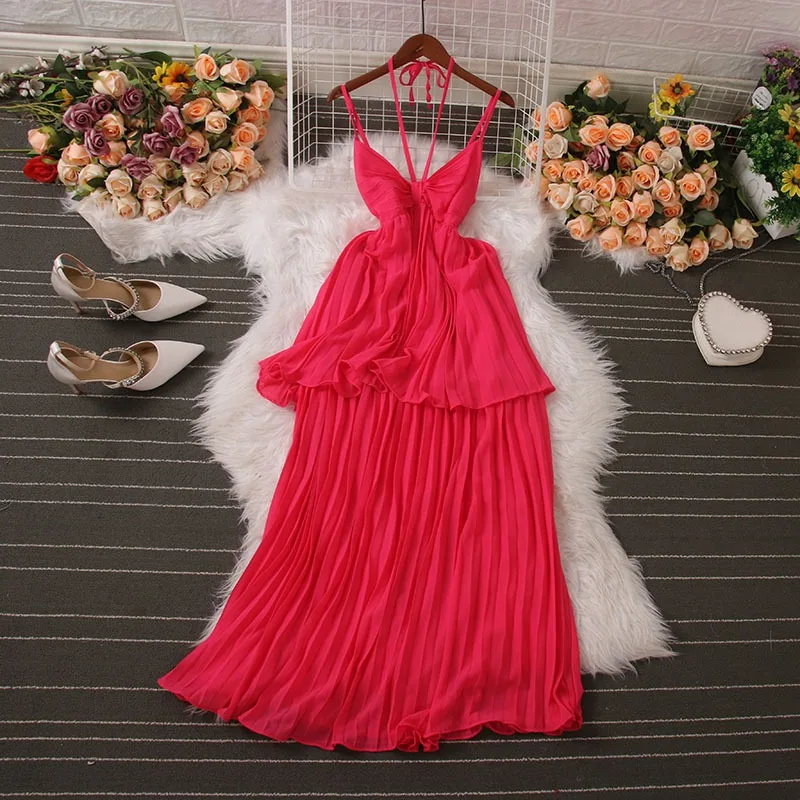 Retro Bohemian Bow V-Neck Helter Sling Dress Waist Slim A-Line Pleated Chiffon Dress Elegant Large Swing Long Dresses