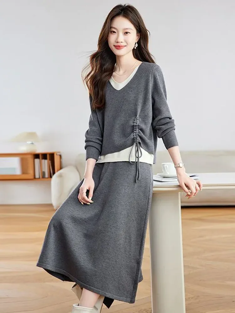 Korean Fashion Knitted 2 Pieces Sets Women Casual Spliced V-neck Sweater Pullover Tops Conjuntos Elastic Waist Skirts Outfit New