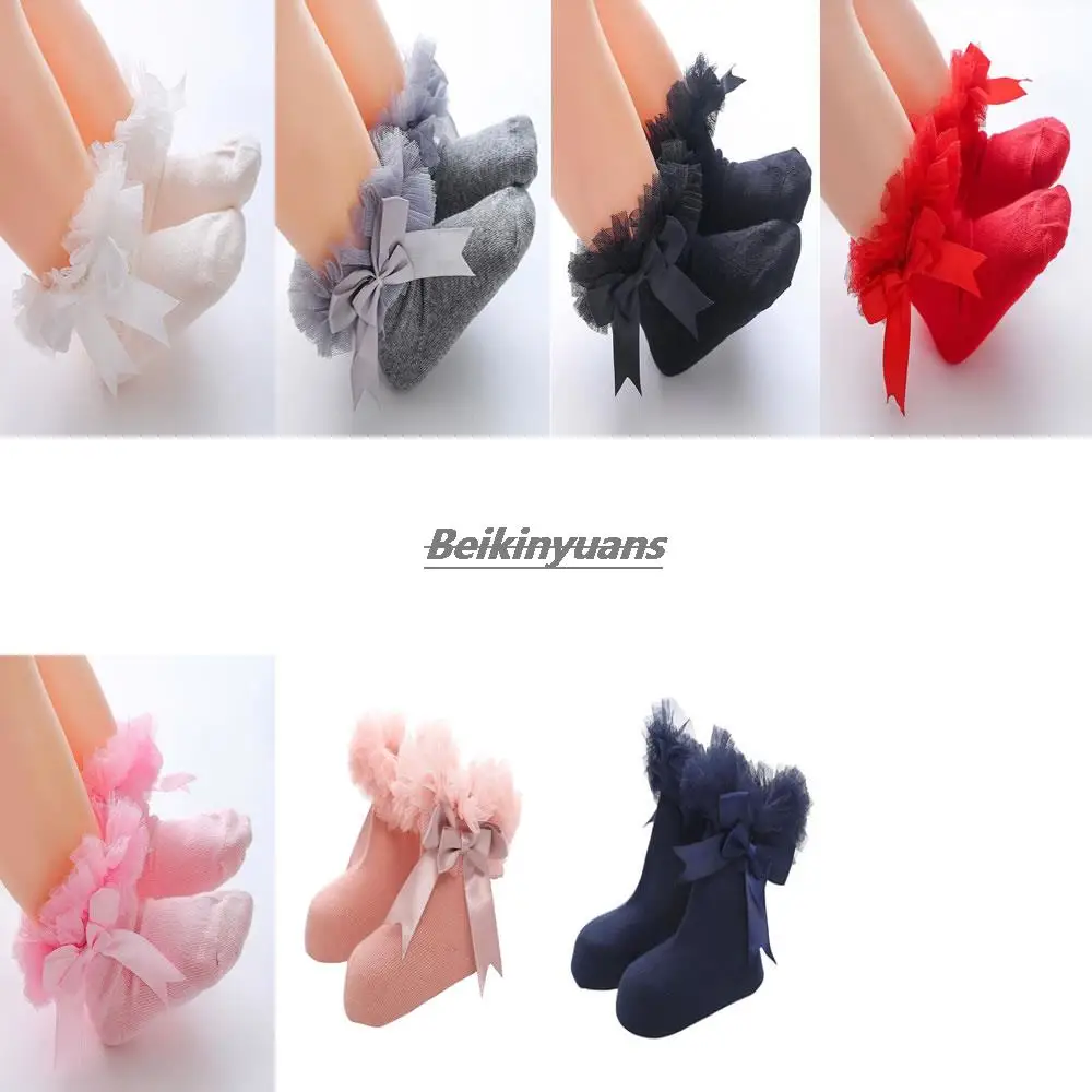 

Children's gauze lace socks baby cotton sokken sweet bow princess sock bowknet