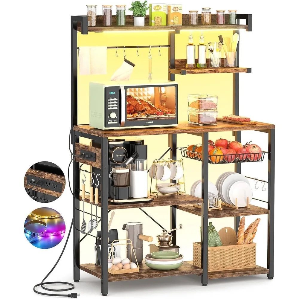 Bakers Rack with Power Outlet and LED light strings, Microwave Oven Stand Kitchen Storage Shelf with Wire Basket, Coffee Bar