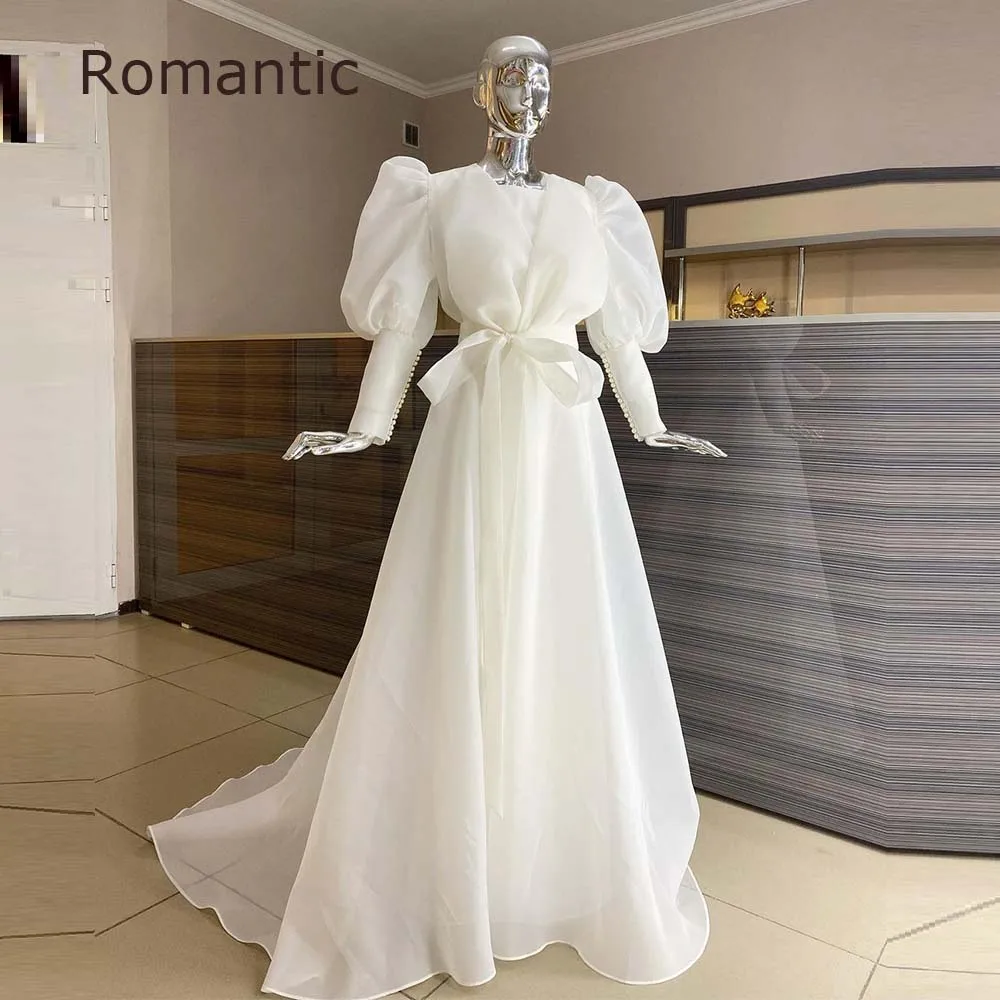 

Romantic Fairy Puff Long Sleeves White Prom Gowns Dresses Graduation Bow Belt Button Wedding Party Dresses For Teen Girls 2022