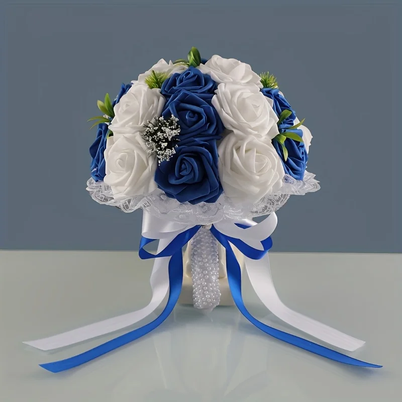 Elegant Blue & White Foam Rose Bridal Bouquet with Lace Trim Satin Bow and Pearl Handle for Wedding Ceremony