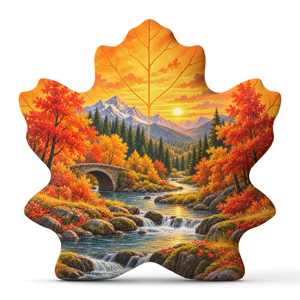 Autumn Maple Leaf Shaped Throw Pillow Fall Mountain Stream Landscape Cushion Stuffed Sofa Home Decor Seasonal Nature Gift