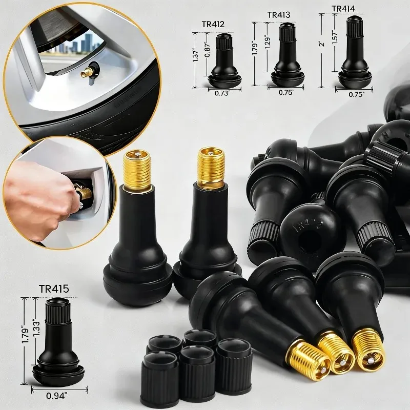 Car Tubeless Tire Valve 4/8/24PCS Tire Valve Stem TR412/TR413/TR414/TR415 Black Rubber Snap on Tire Valve Stem with Dust Cover