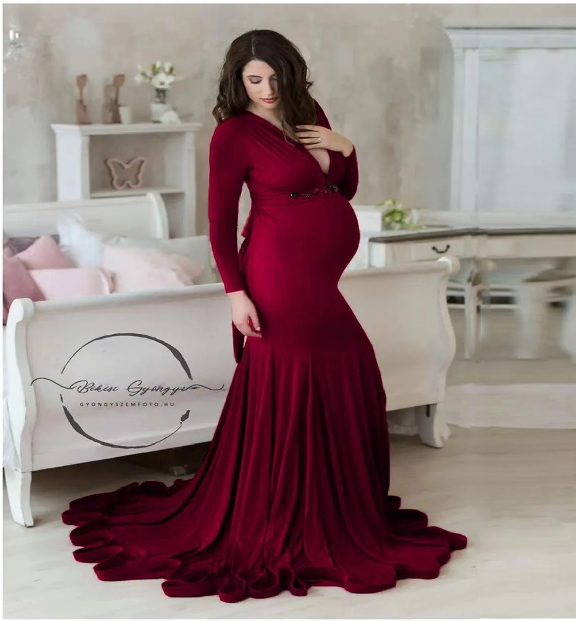 2024 Cotton Maternity Dresses For Photo Shoot Sexy V-Neck Pregnant Women Fancy Pregnancy Dress Photography Props Maxi Gown