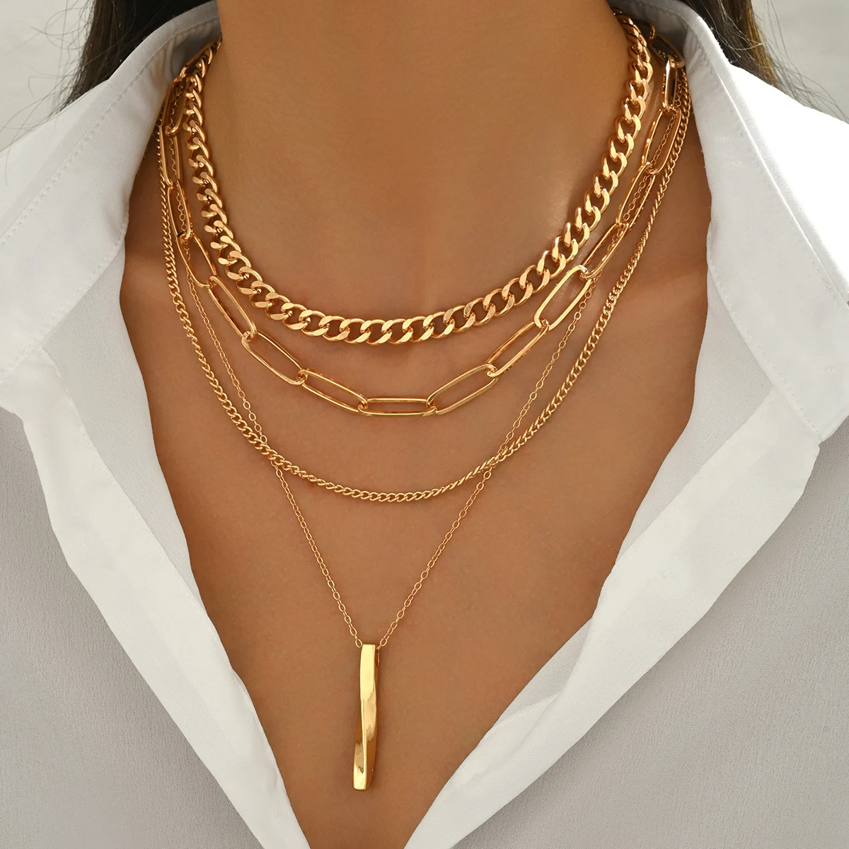Layered Cuban Paperclip Necklace Alloy Vertical Bar Pendant Gold Silver Adjustable Women Collar Neck Jewelry