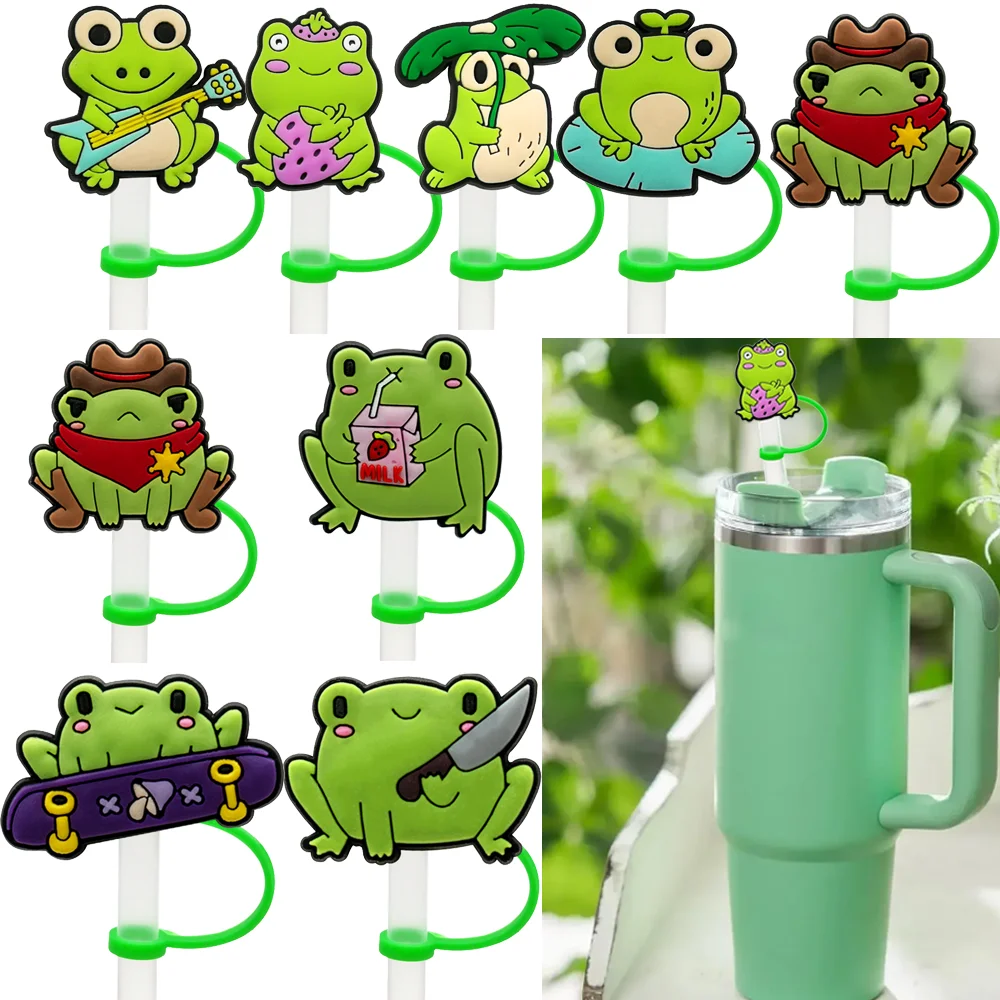 1/9PCS Cute Frog Straw Topper, 8mm Silicone Straw Cover Cap Dustproof Drinkware Tip Decoration, Reusable Splashproof Straw Cap