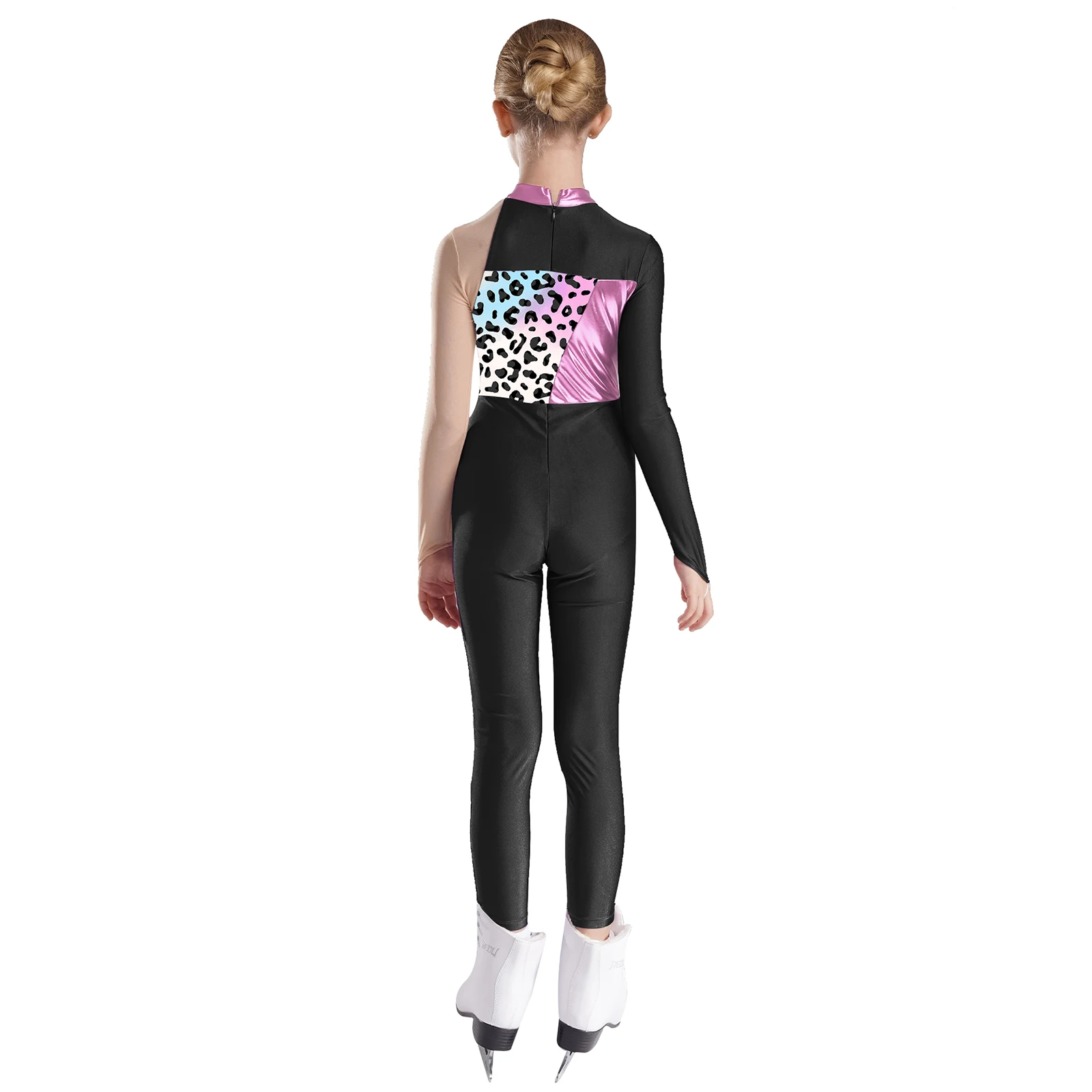 Kids Girls Printed Ballet Gymnastics Jumpsuit Mock Neck Mesh Long Sleeve Bodysuit for Figure Skating Dance Performance Costumes