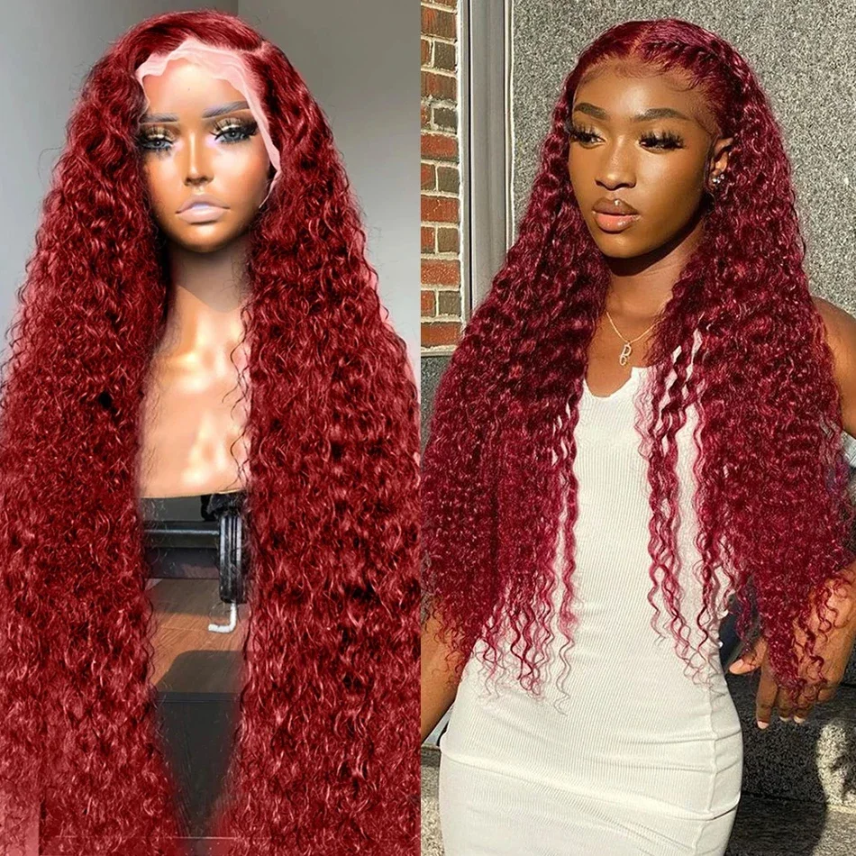 

99j Burgundy 250% 13x6 Lace Front Wig Human Hair Deep Wave Curly Red Colored Water Wave Glueless Preplucked Lace Frontal Wigs