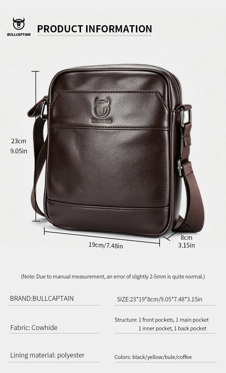 BULLCAPTAIN Herren-Umhängetasche, modische Ledertasche, trendige Retro-Herren-Umhängetasche aus hochwertigem Rindsleder. – Detail 8