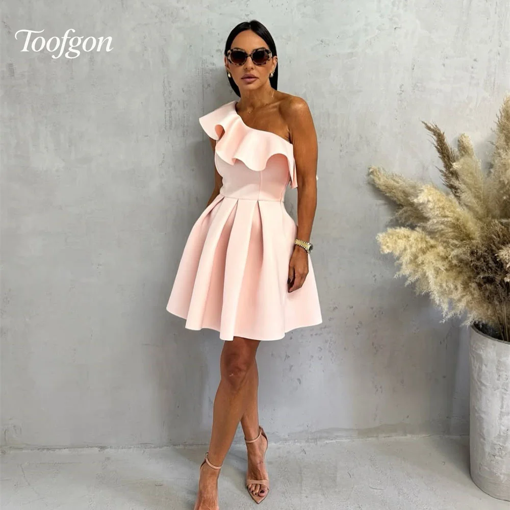 

Toofgon One Shoulder Short Prom Dresses Ruffles Baby Pink Backless A Line Homecoming Gown Customized Mini Party Girl Dance Dress