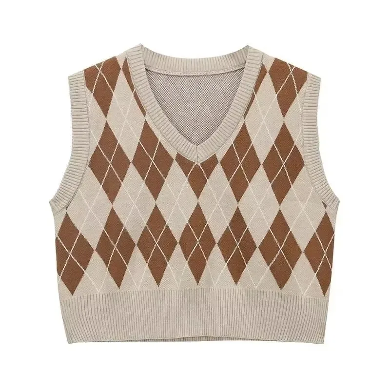 Women Vintage Argyle Knitted Vest Preppy Style V Neck Cropped Sweater Loose Waistcoat