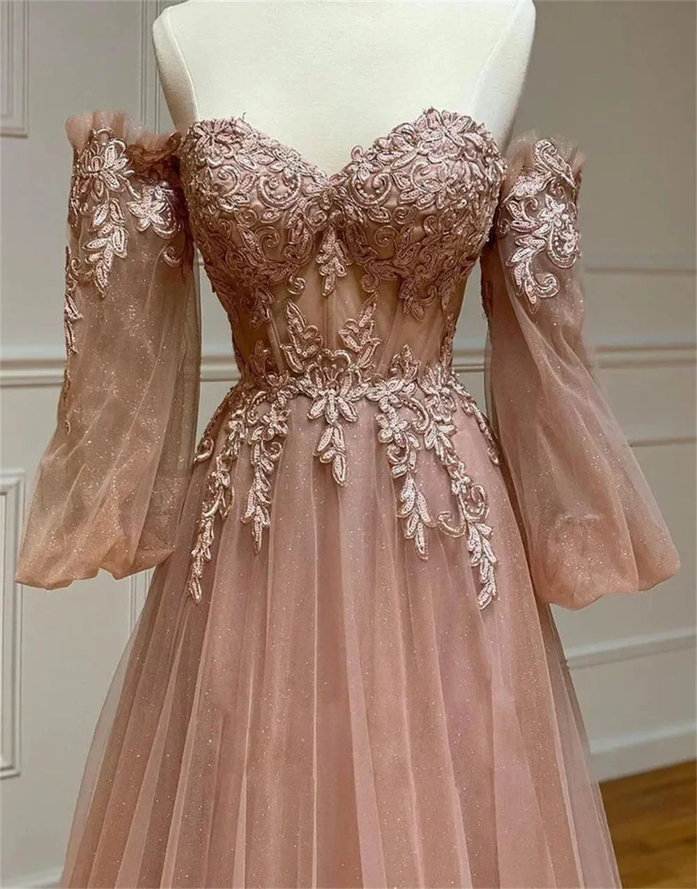 Elegante Puffy Sleeve Prom Dresses, Sexy A Line Gown com requintado bordado de renda, vestido de noite para ocasiões especiais, querida