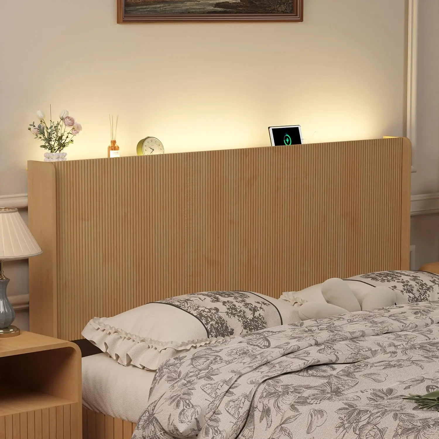 Queen Size Headboard Only, Wood Head Board With Charging Station & LED Lights, Modern Fluted Wall-Mounted Bed, Customized