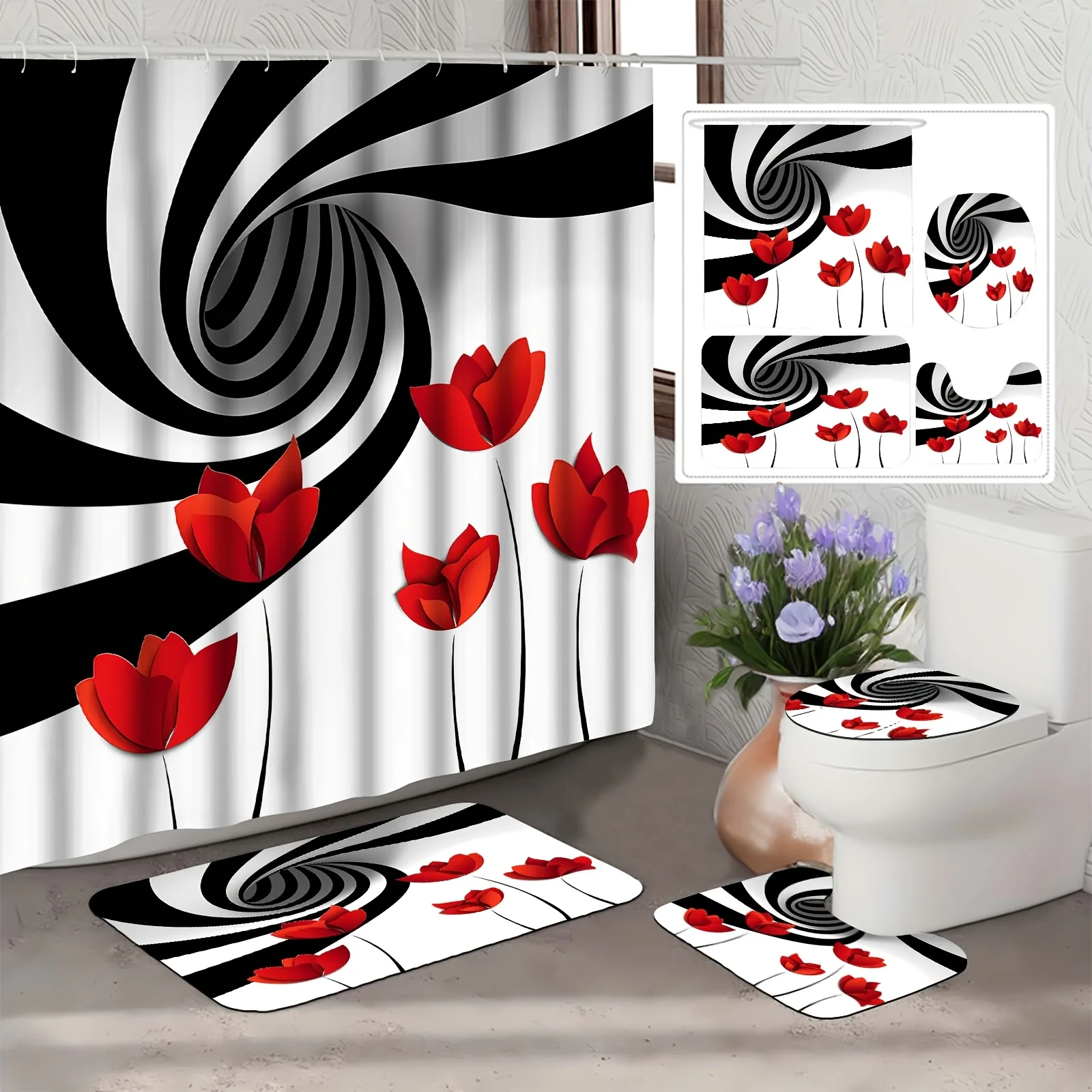 

4pc Black barcode floral pattern bathroom set, includes shower curtain, non-slip mat, toilet seat cover, and U-shaped mat.