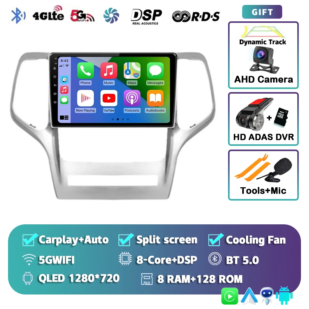 Android 15 voor Jeep Grand Cherokee 2008 2009 2010 2011 2012 2013 QLED scherm autoradio multimediasysteem Carplay Auto navigatie