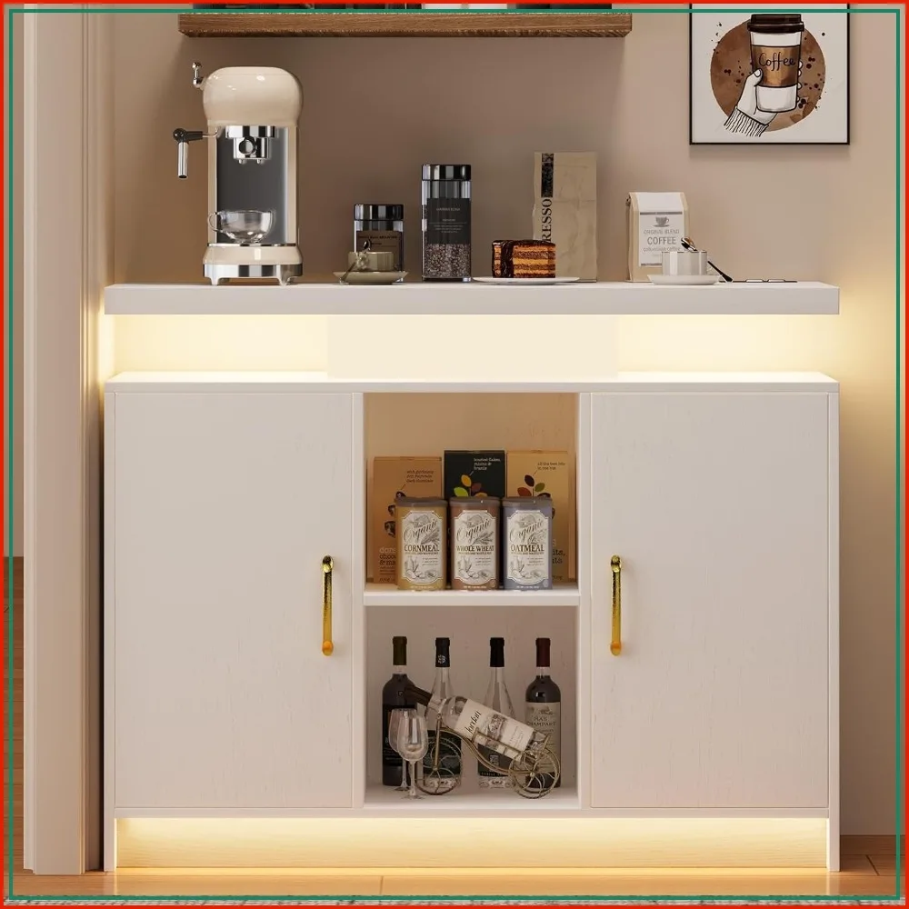 40 Inch Coffee Bar Cabinet with Charging Station, 2 Shelves, LED Lights, White