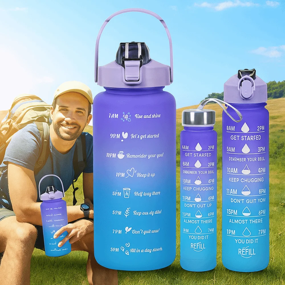 

3Pcs Set Large Capacity Gradient Color Sport Water Bottle Plastic with Time Marker Gym Straw Cup Leakproof Water Cup School