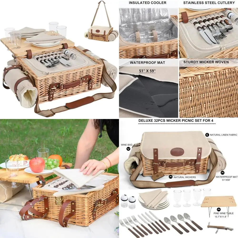 

Изолированная плетеная корзина для пикника на 4 человека с одеялом и посудой, идеально подходящая для приключений на свежем воздухе