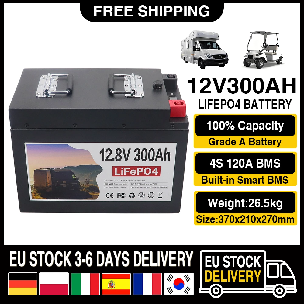 EU stocks New LiFePO4 Deep Cycle Battery 12V 120Ah 200Ah 300Ah Built-in 100A BMS For Golf Carts Marine Trolling Motor Tax Free