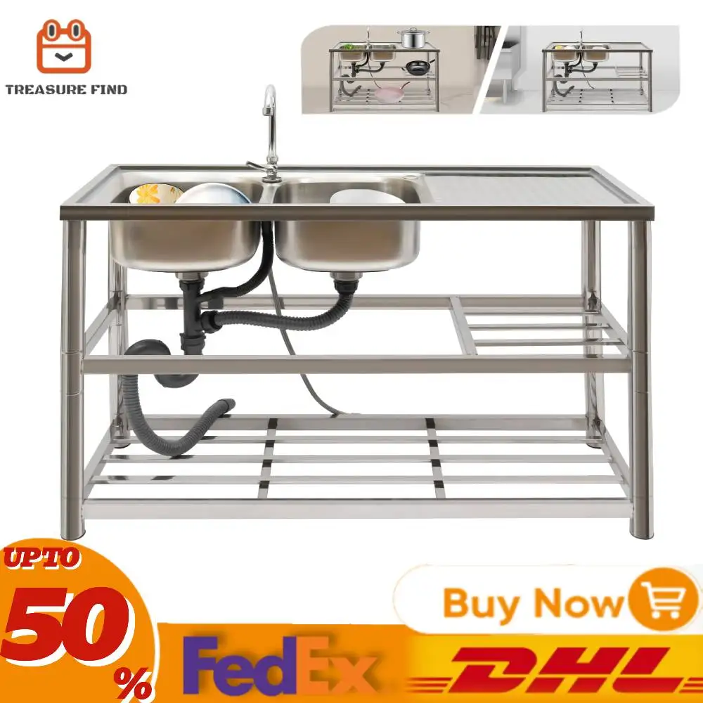 

Free Standing Stainless-Steel Double Bowl Commercial Kitchen Sink Set w/Faucet Drainboard w/Workbench & Double Storage Shelves