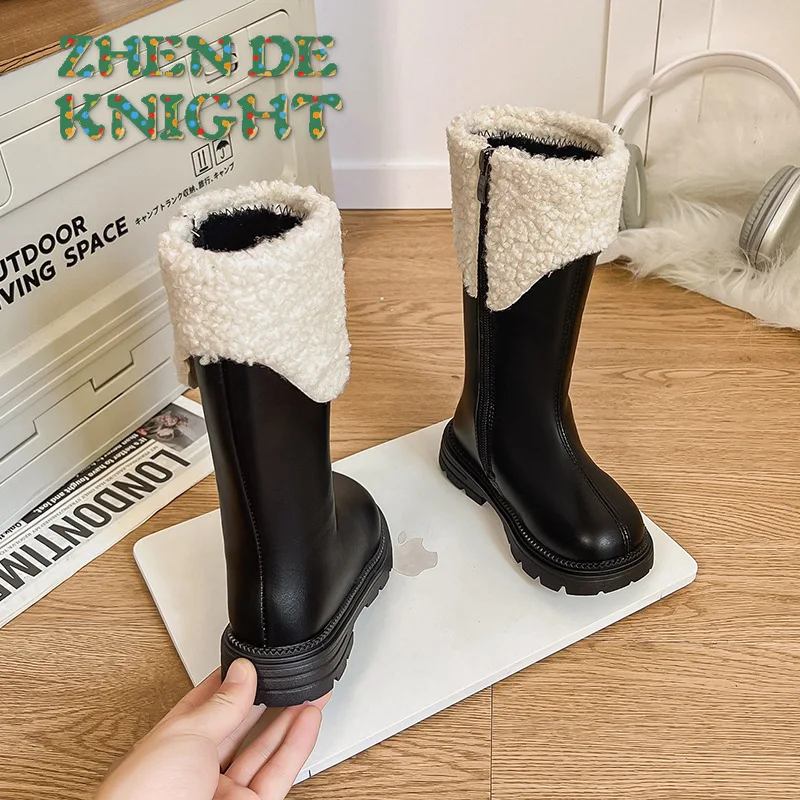 

Новое поступление 2023 года, шерстяные плюшевые высокие сапоги для девочек, черные кожаные сапоги до колена на флисовой подкладке, детские осенне-зимние сапоги