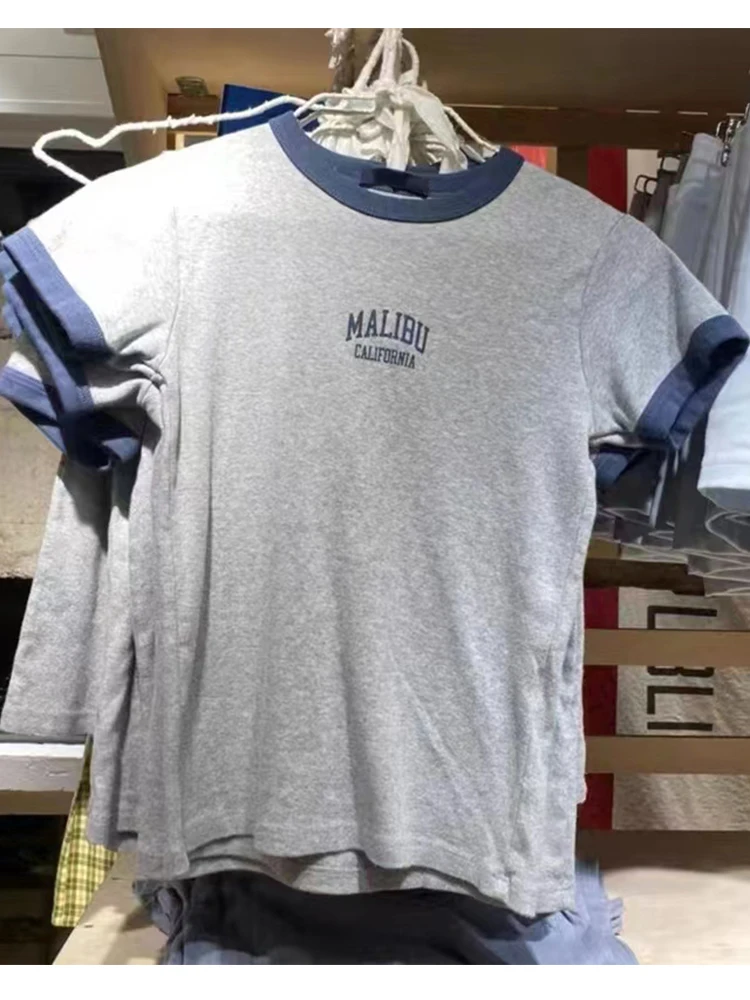 

Letter Print Slim T-shirts Women Gray Patchwork Short Sleeve Cotton Fashion T Shirt 2022 Summer Harajuku Cute Y2k Tops Femme