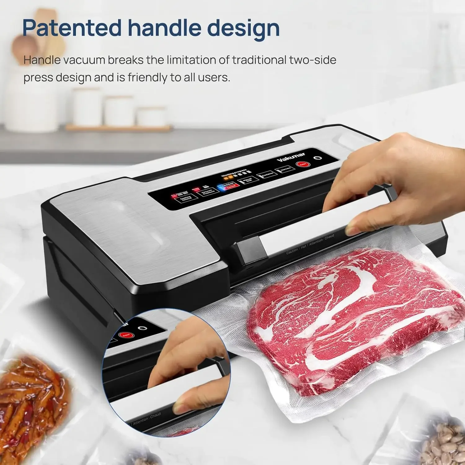 Vacuum Sealer Machine, 90Kpa Vacuum Sealer Machine Preservation Dry/Moist/Liquid Modes, LED Indicator Light, Handle Locked