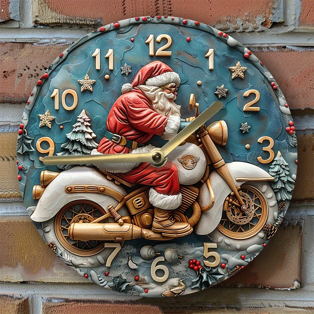 

Santa Claus on Motorcycle Themed Wall Clock, DIY Assembly Kit with High-Definition 2D Printing, Festive Wall Decor with 3 Hand