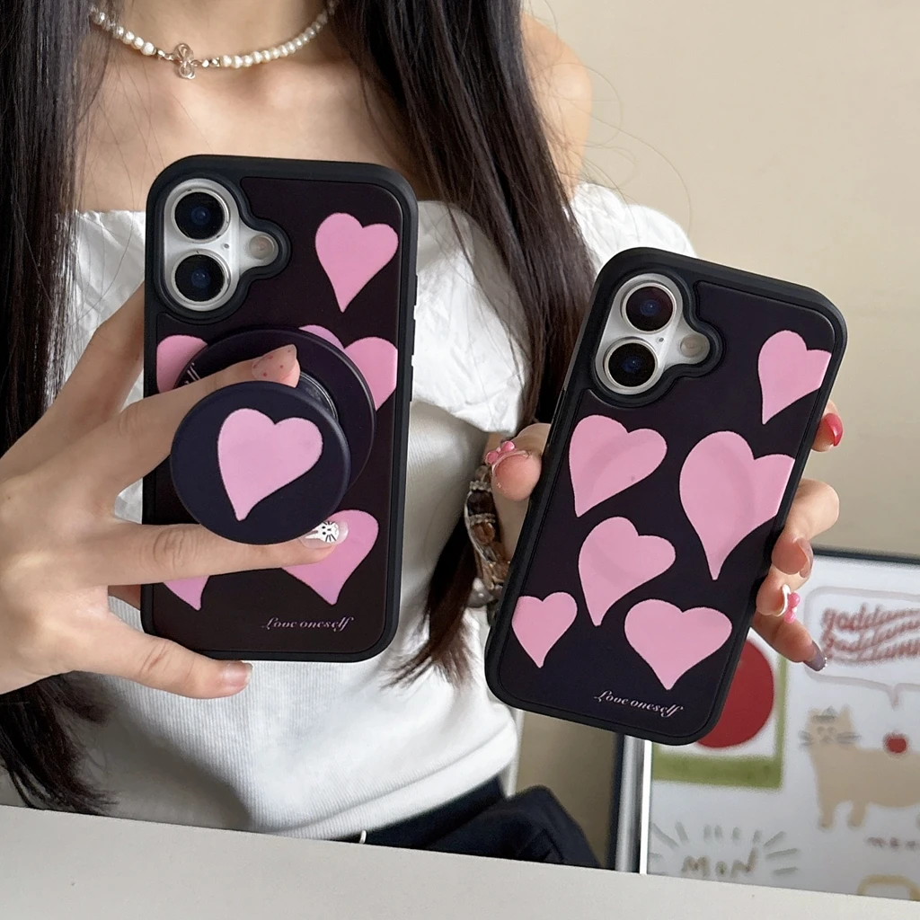 

Cute Personality Pink Love Heart With Holder Magnetic Wireless Charging Phone Cover Case for iPhone 17 16 15 14 13 Pro Max 17Air