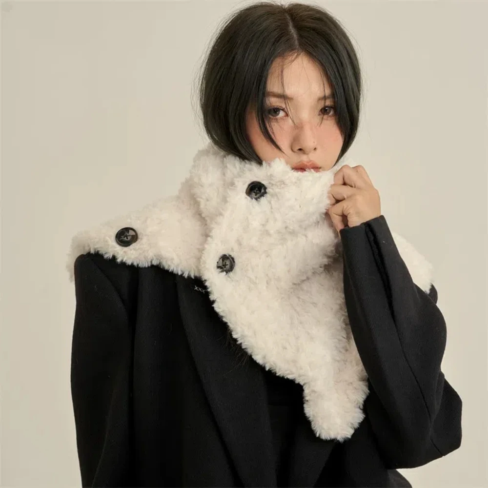 

Women Faux Fur Button Bib High Fake Collar Pullover Korean Warm Neck Protector Sleeve Split Neck Cover Coat Shawl Scarf