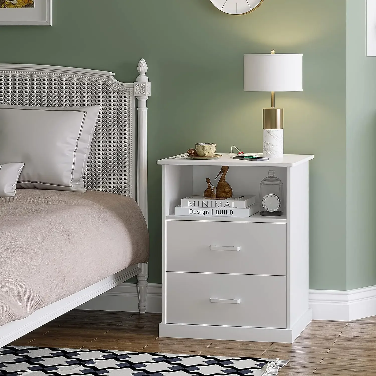 Night Stand with Charging Station, Large Nightstand with Storage Drawers and Open , White Bedside Side End Table for