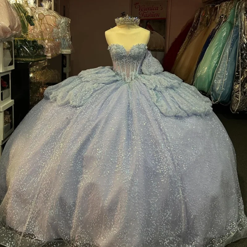 

Голубое блестящее бальное платье Quinceanera Платья с открытыми плечами и бисером Кристалл Многоуровневое тюлевое платье для вечеринки в честь дня рождения Sweet 16, Vestid