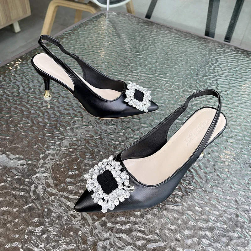 Heel Slippers Woman Pumps Women Shoes Leather Pointed Toe Slip on Crystal Buckle Bling Shine High Heels Summer Women Slides