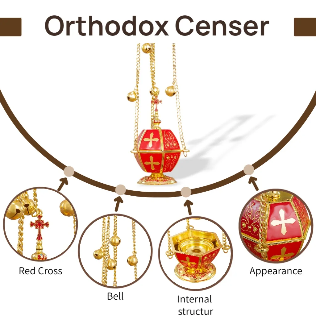 HTISOK Orthodoxes Kirchen-Weihrauchfass, hängendes Thurible, Kreuzdekoration mit Metallkette und Glocken, religiöse Utensilien, orthodoxes Weihrauchfass – Detail 3