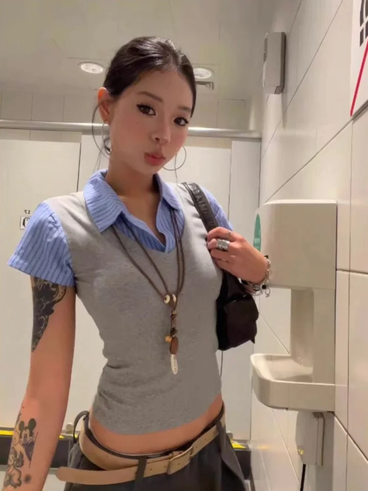 College Style Patchwork Two Short Sleeved T-shirt Women's Slim Fit Tops Y2k Clothing Summer Casual Crop Top