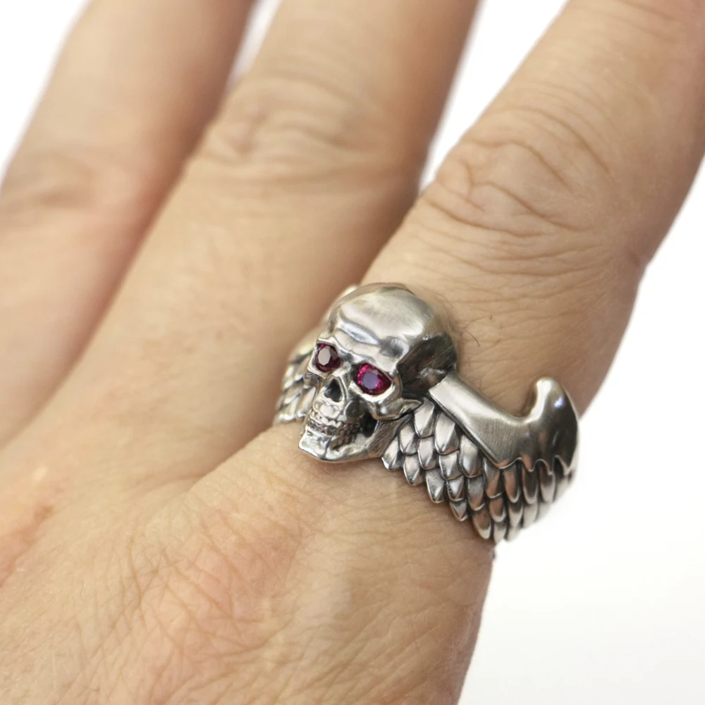 925 Sterling Silver CZ Eyes Flying Skulls Wing Charms Ring TA446 US Size 6~15 BZ