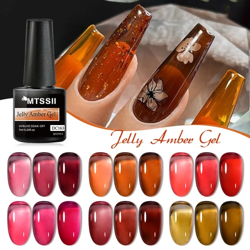 Imagen 1 del producto Esmalte de uñas de Gel ámbar de gelatina, 7ML, Color translúcido, esmalte de uñas de invierno, marrón, rojo, semipermanente, barniz de Gel UV LED