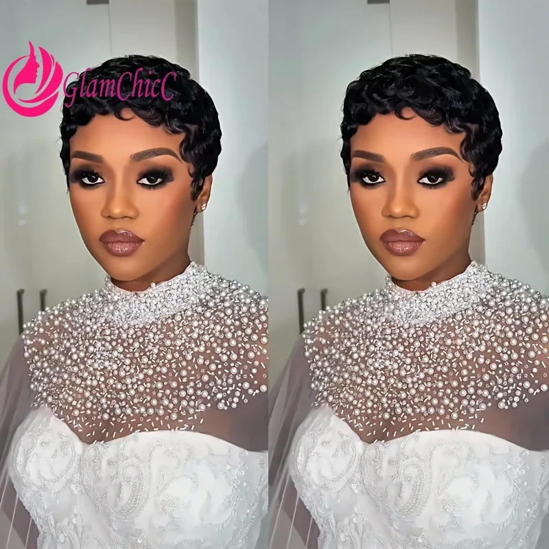 

Премиум 6-дюймовый волнистый стрижка пикси, натуральный цвет, человеческие волосы, полный машинный парик, плотность 180%, бразильский девственный реми для женской повседневной носки