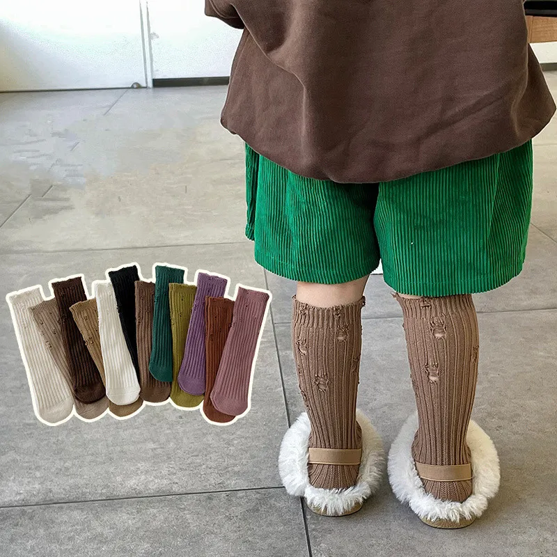 2023 autumn solid color thick needle baby hole hole socks cotton trend hole girl socks