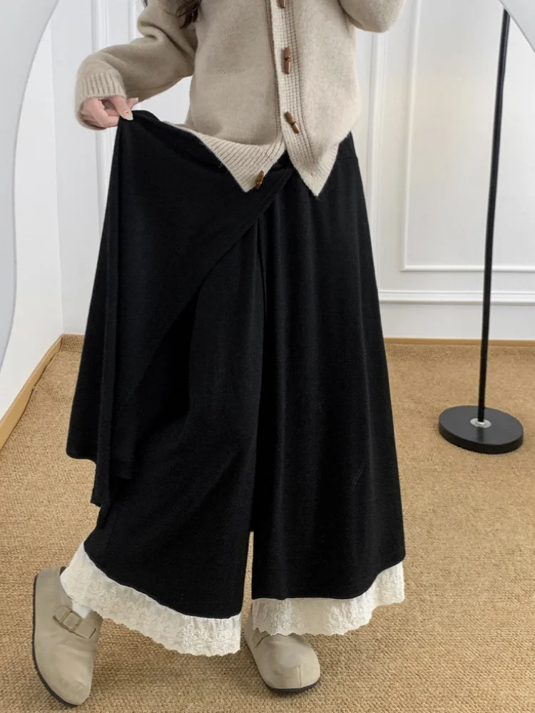 

Lace Patchwork Skirt-Trousers Women's Casual Two-Piece Wide-Leg TrousersHigh-Waisted Drapey Straight-Leg Trousers