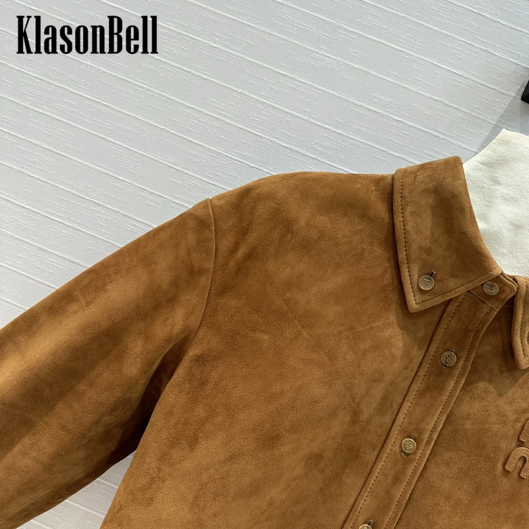 7.11 KlasonBell Women\'s Fashion Letter Embroidery Turn-down Collar Cow Suede Jacket 100% Sheepskin Short Outerwear