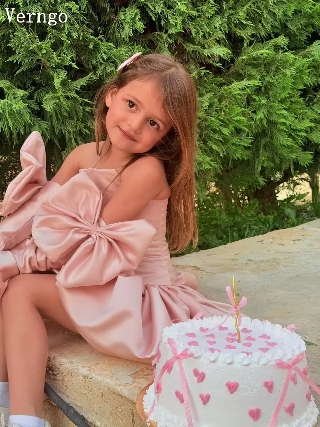 Verngo Pink Crepe Mini Girl Fowers Dress Bow Sleeves Princess Birthday Party Dresses Pleated Kid Prom Gown Customized