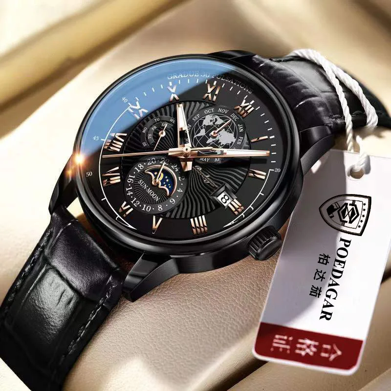 IP68 Waterproof Mens Sports Watches Fashion Leather Strap Quartz Calendar Wrist Watch Men Night Vision Luminous Wristwatch Clock