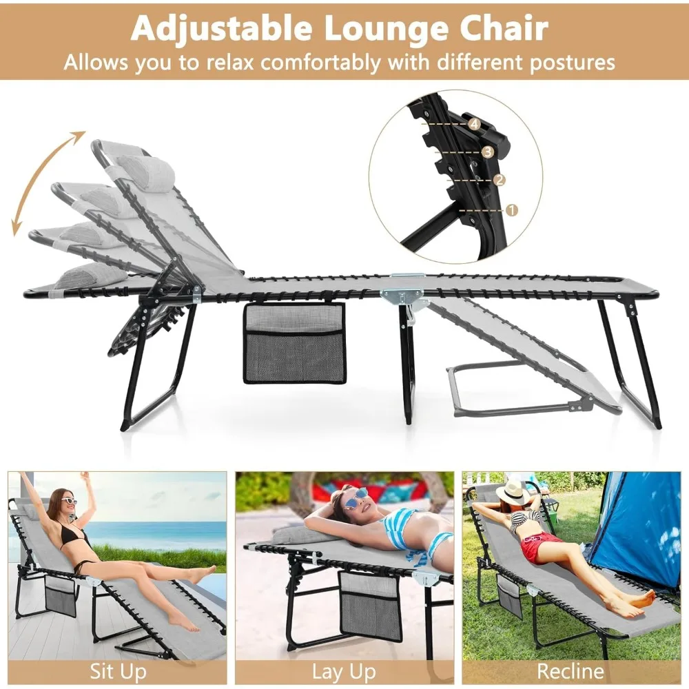 Patio Lounge Chairs for Outside - Folding Tanning Chair w/Headrest, 4 Adjustable Positions, Side Pocket, Outdoor Chaise