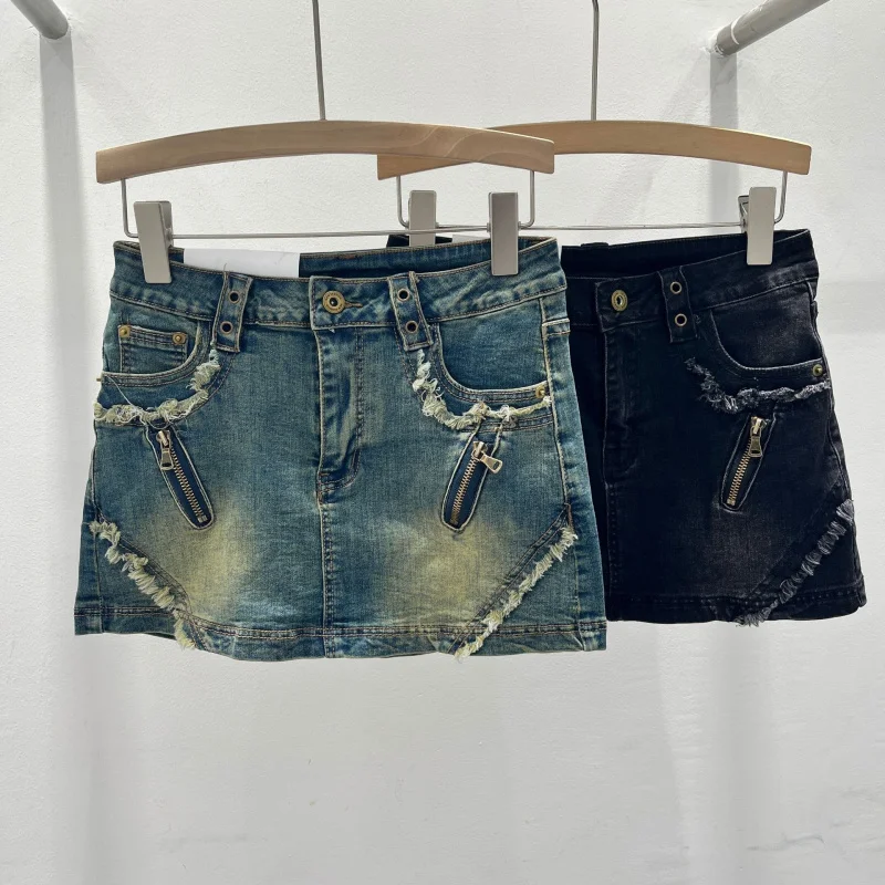 

American Retro Hot Girl Skirt Women'S Unique Design Zipper Frayed Mid-Waist A-Line Bodycon Skirt