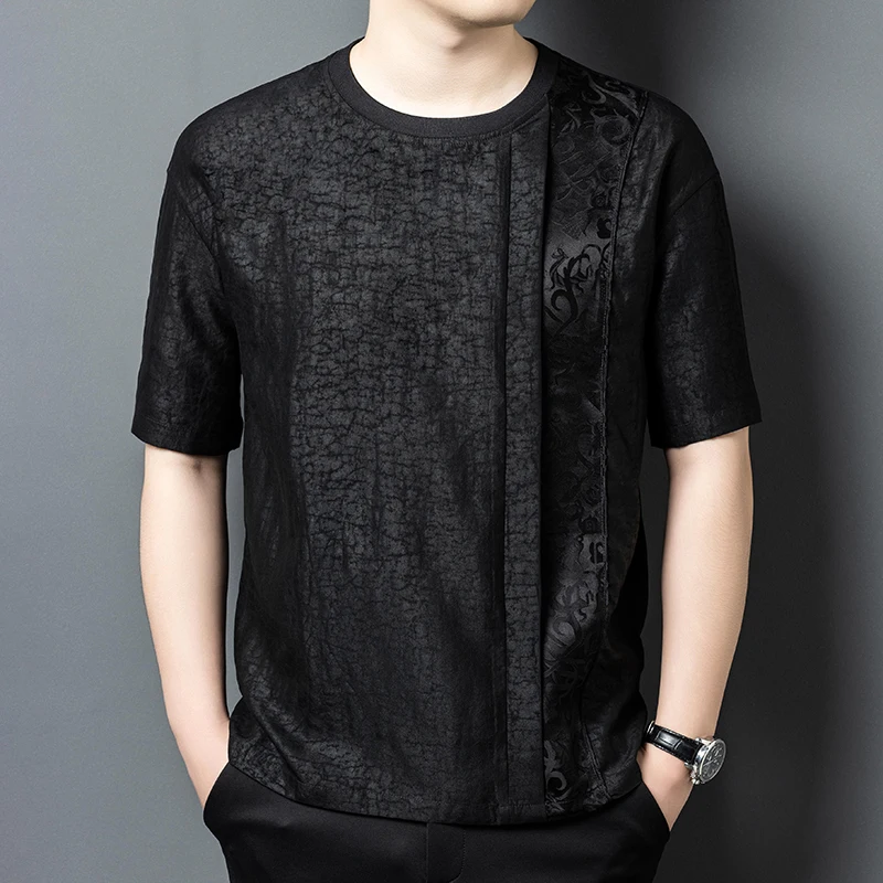Lightweight Silk 100% T Shirt For Men Short Sleeve Skin-Friendly Summer Quality Gambiered Canton Gauze Satin Camisetas De Hombre