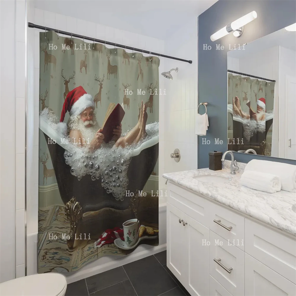 Whimsical Christmas Shower Curtain Santa Relaxing In Bathtub With Hot Chocolate & Cookies Festive Holiday Bathroom Decor